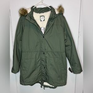 Gap Green Sherpa Lined Hooded Parka with Faux Fur Trim
